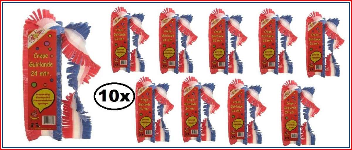 10x Crepe guirlande bedrukt rood/wit/blauw 24m brandveilig