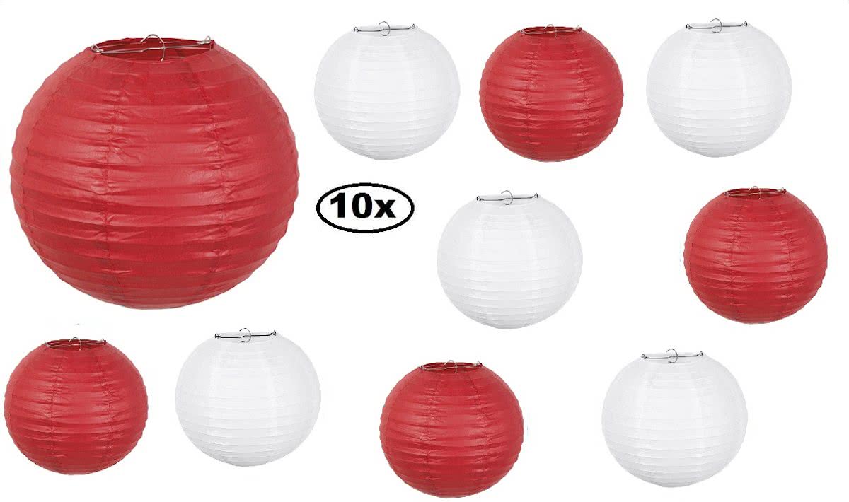 10x Lampion papier rood en wit met draadstalen frame 25 cm