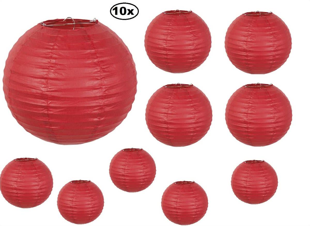 10x Lampion papier rood met draadstalen frame 25 cm