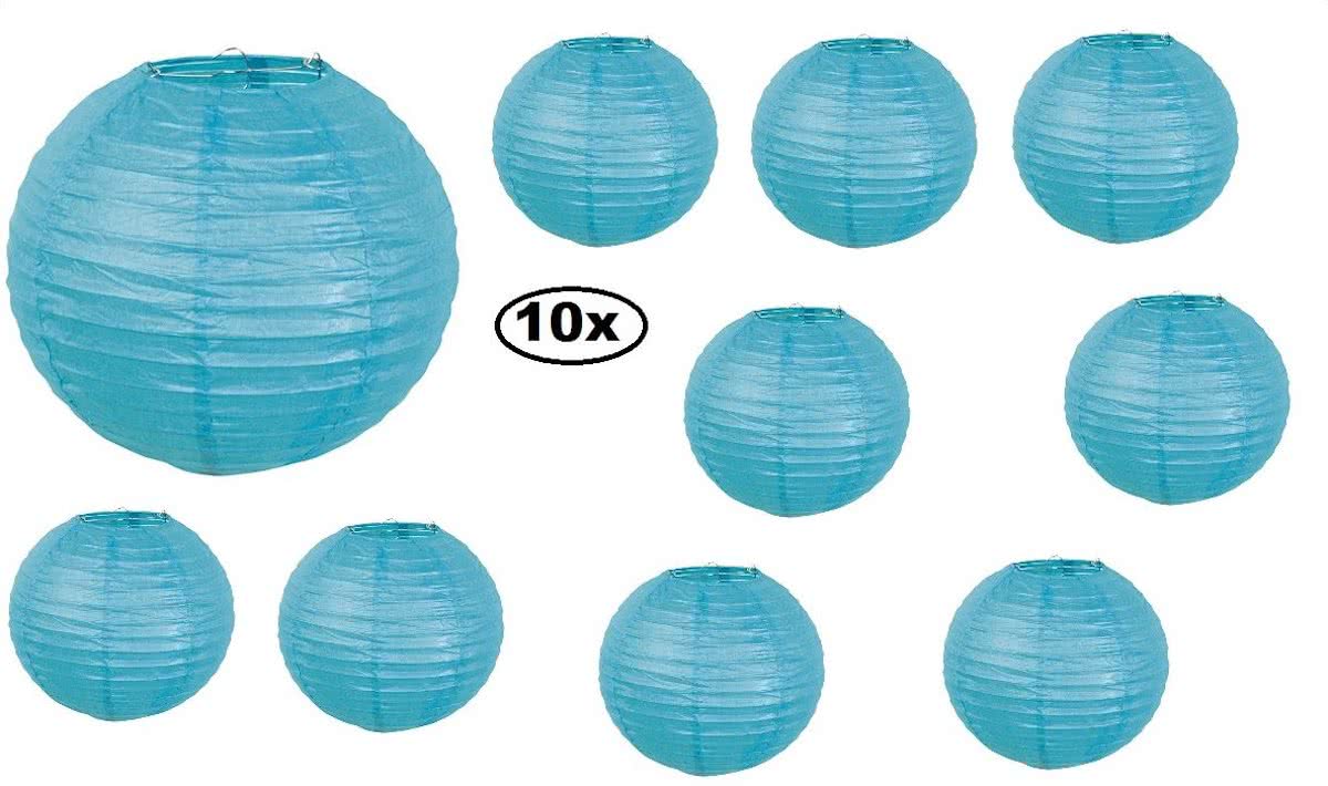 10x Lampion papier turquoise met draadstalen frame 25 cm