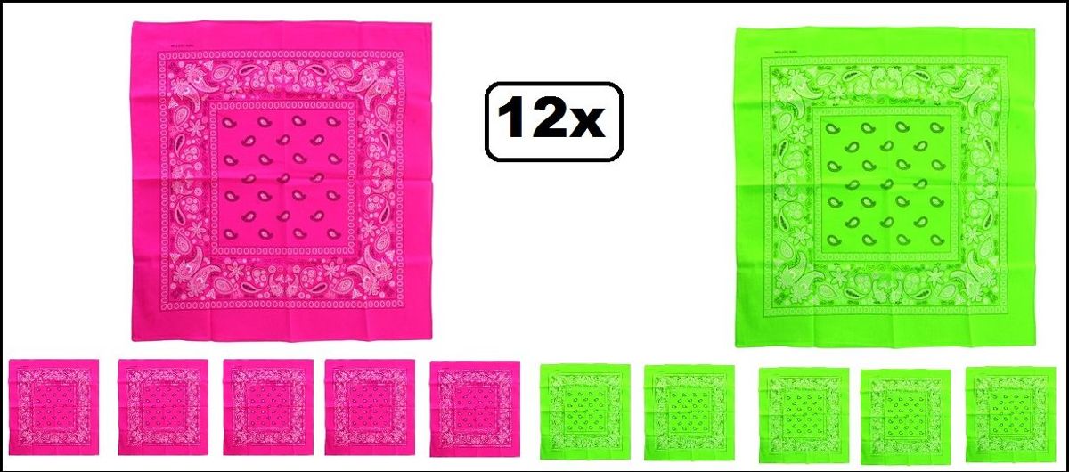 12x Zakdoek/bandana Fluor pink/groen 53 x 53 cm