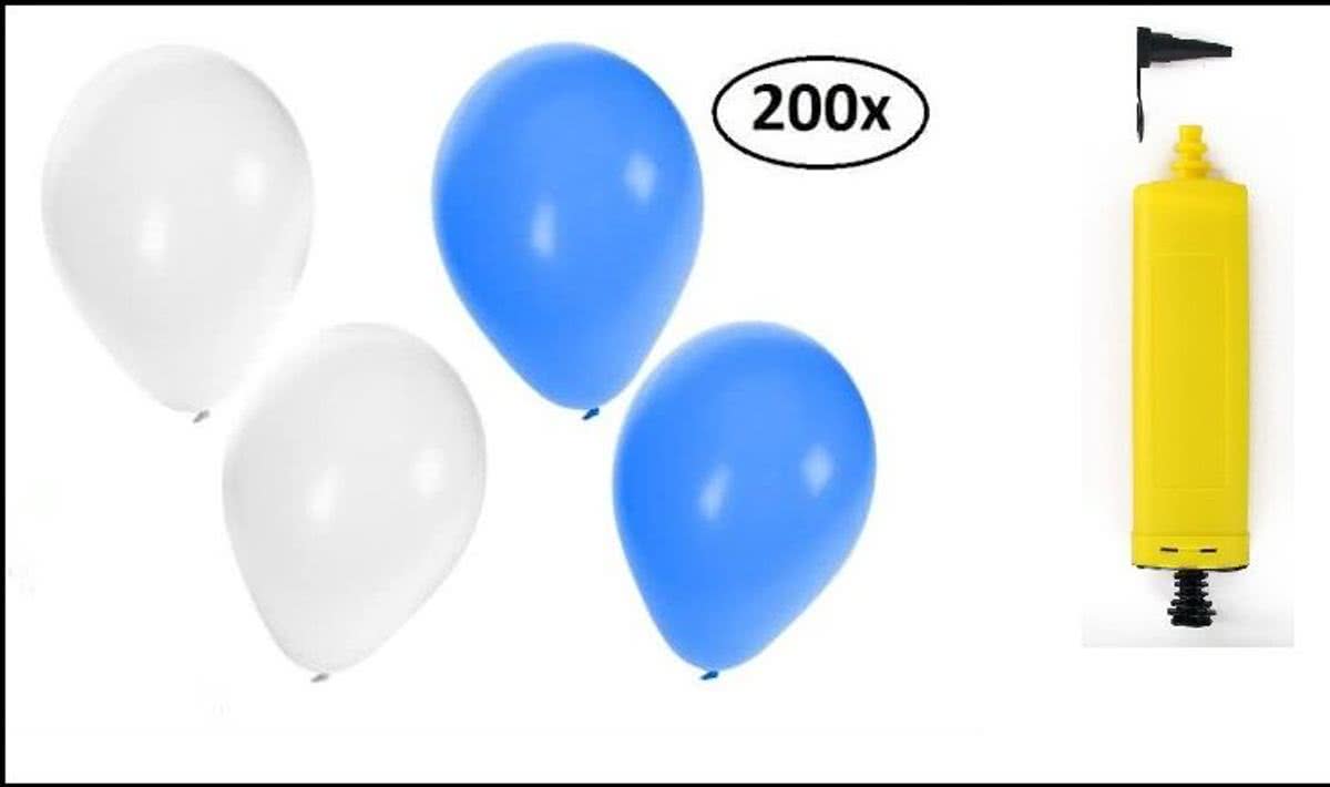 200x Ballonnen blauw/wit met handpomp