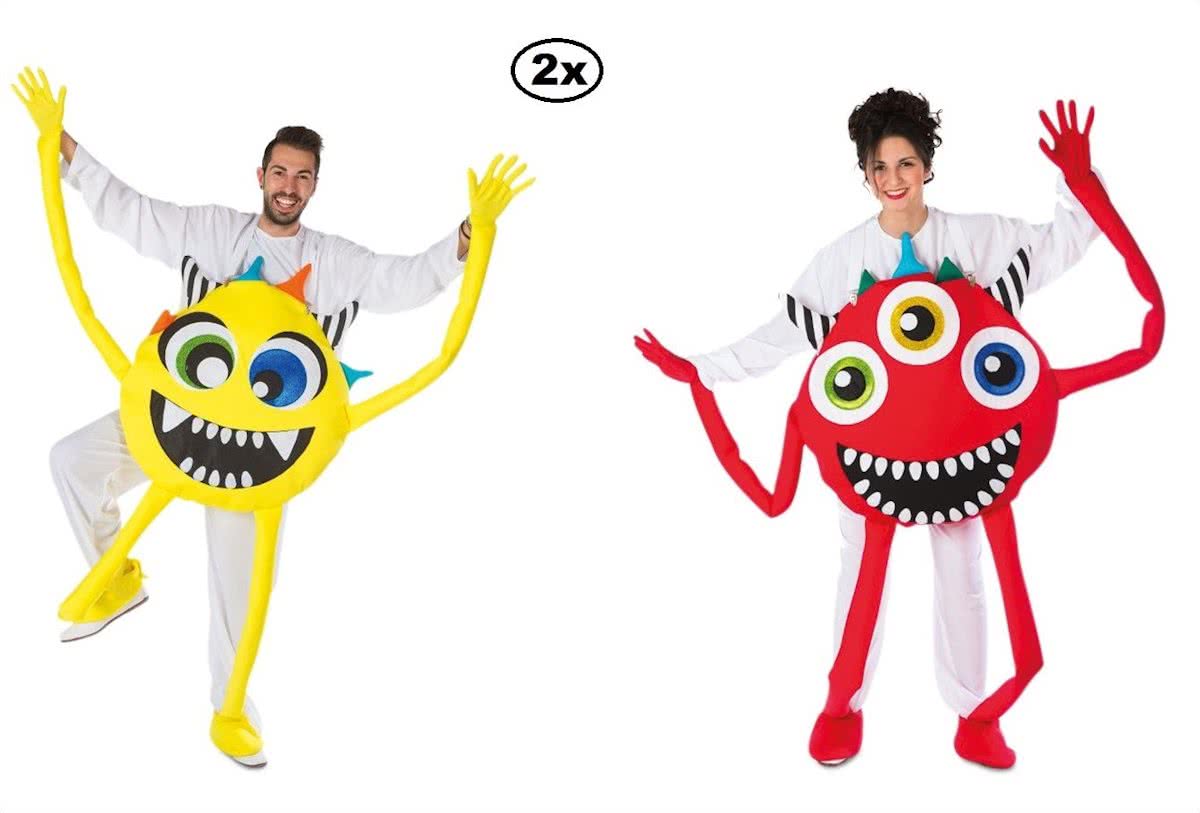 2x Crazy monster kostuum geel en rood