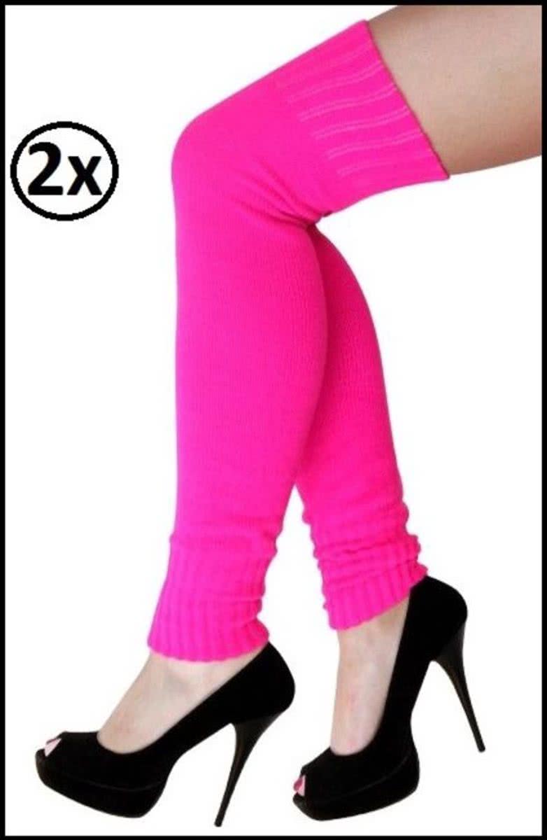 2x Dames knee-over beenwarmers fluor pink