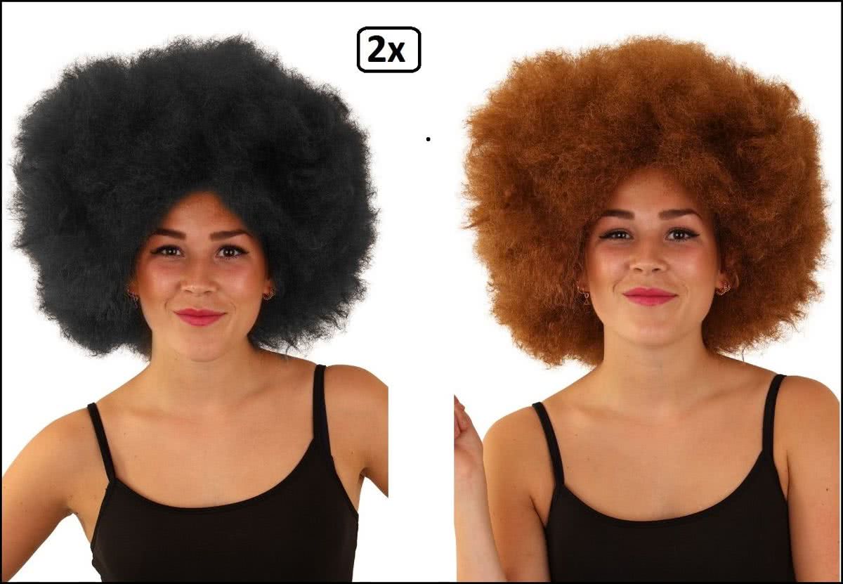 2x Super Afro pruik zwart en bruin