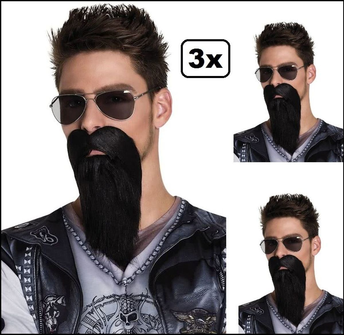 3x Baard met snor zwart Bikerman