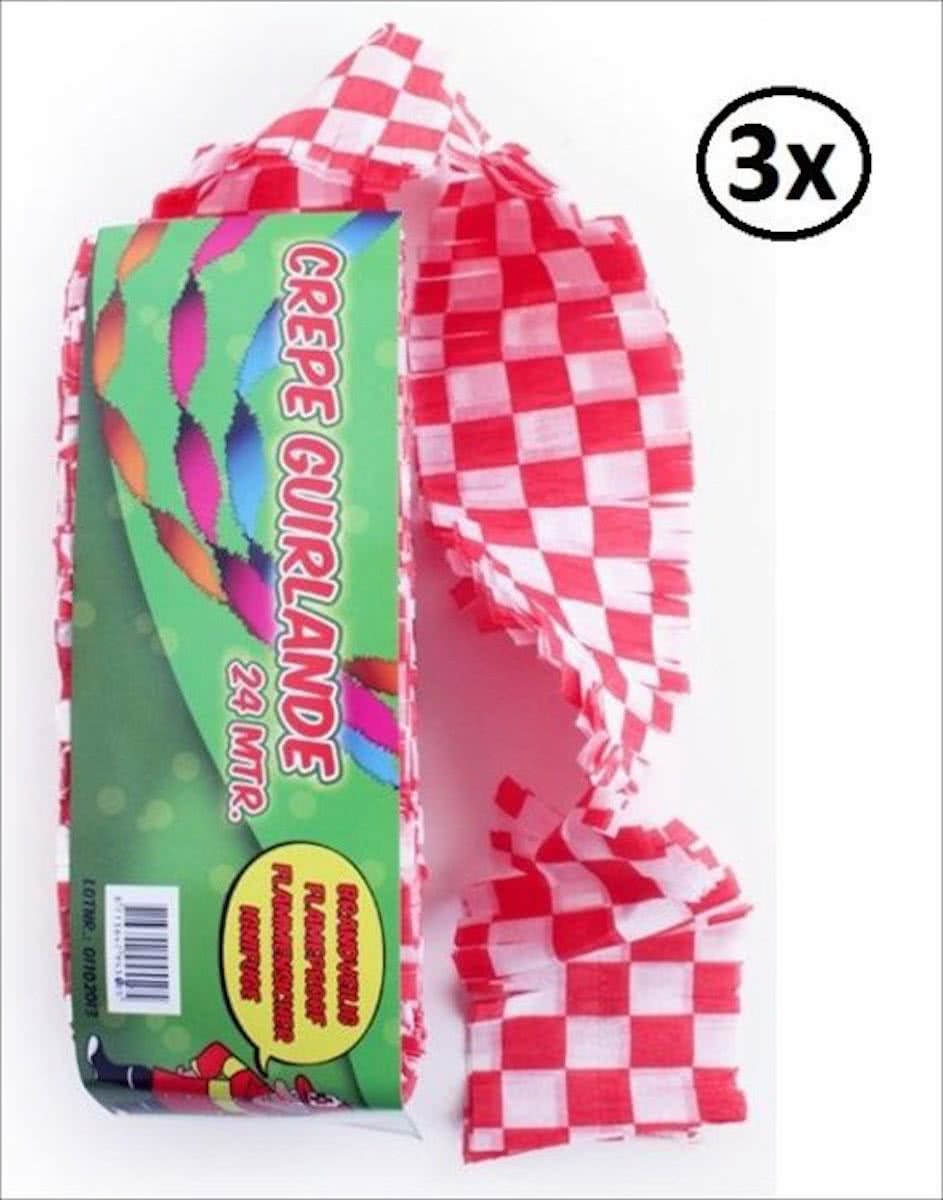 3x Crepe guirlande brandveilig rood/wit geblokt 24m