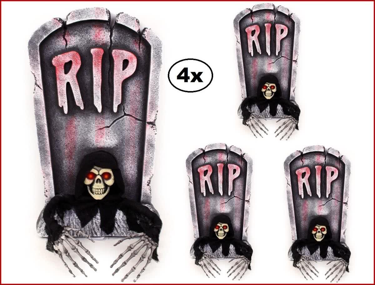 4x Halloween Grafsteen RIP met uithangend skelet 60cm.