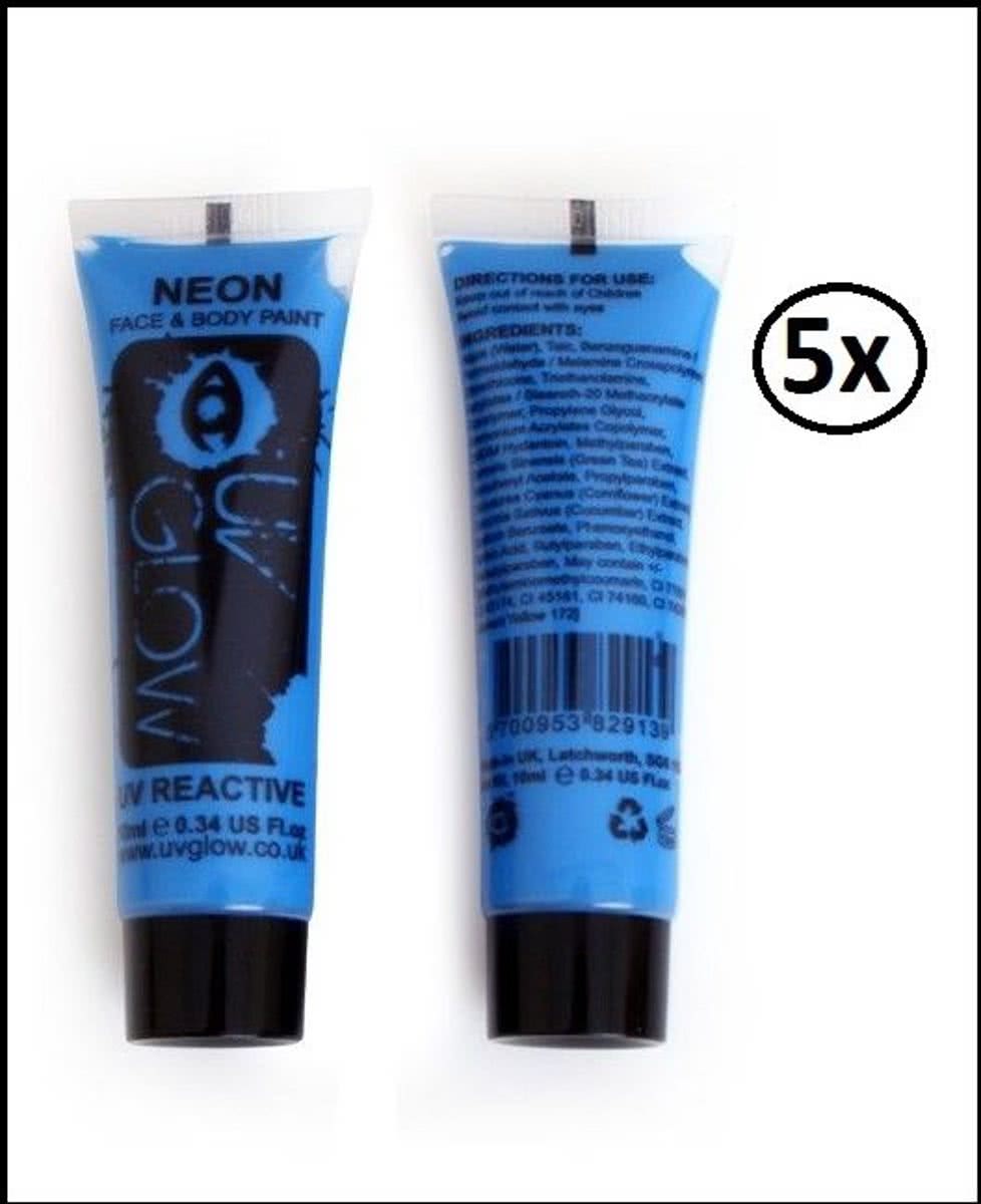 5x Neon Face & Body paint neon blauw UV G.I.D 10ml