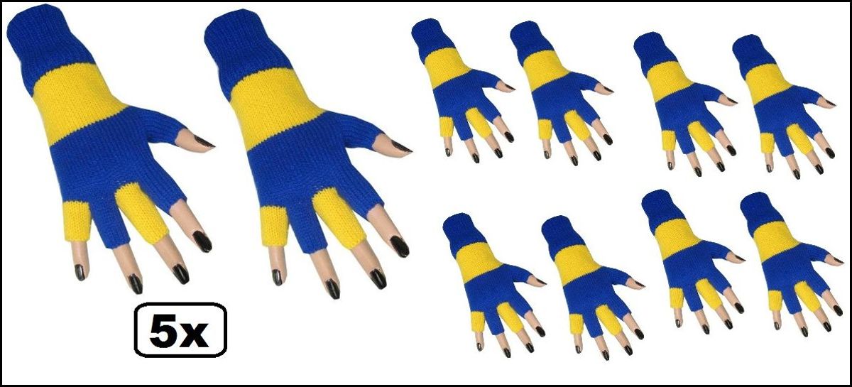 5x Paar vingerloze handschoen blauw/geel