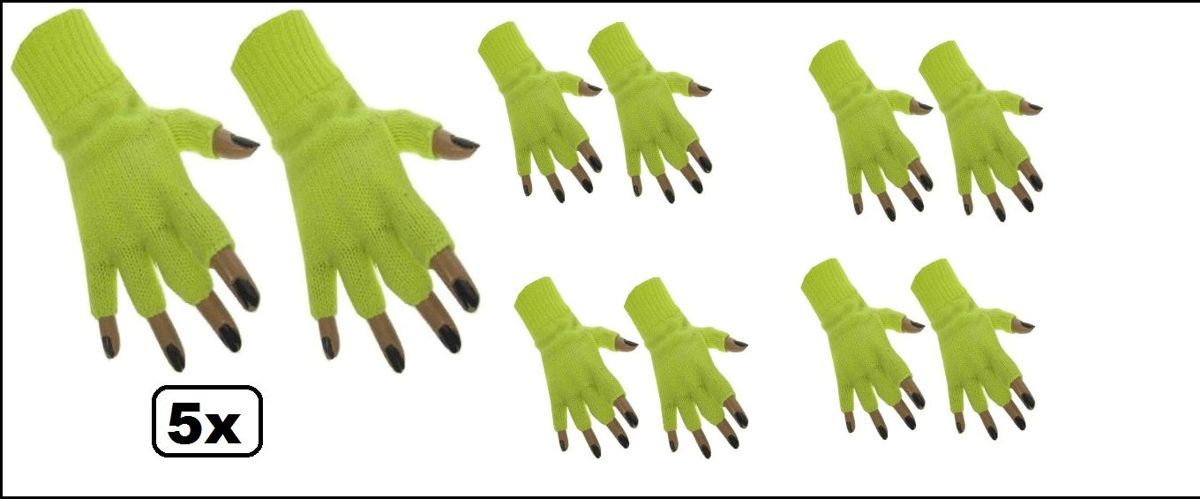 5x Paar vingerloze handschoen fluor geel