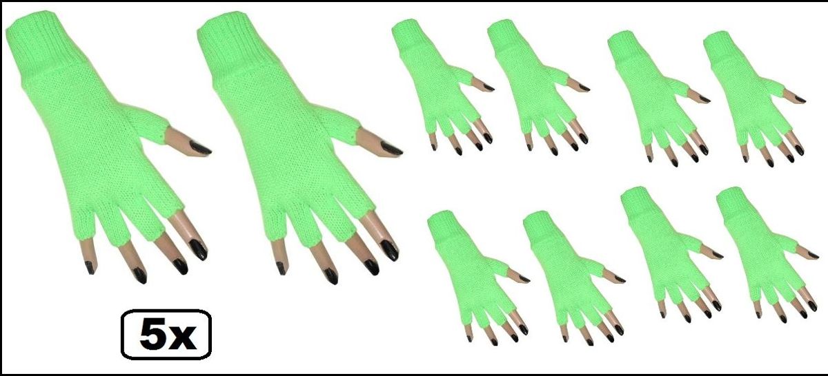 5x Paar vingerloze handschoen fluor groen