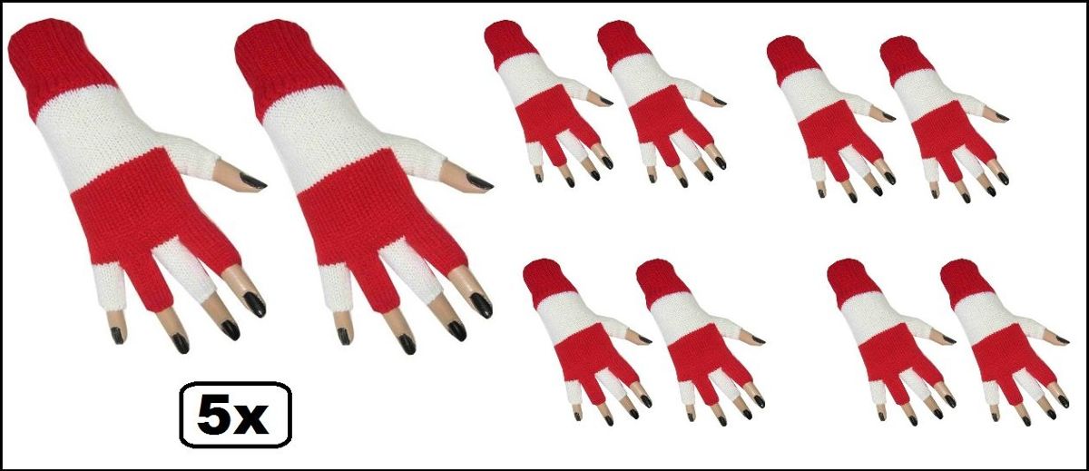 5x Paar vingerloze handschoen rood/wit