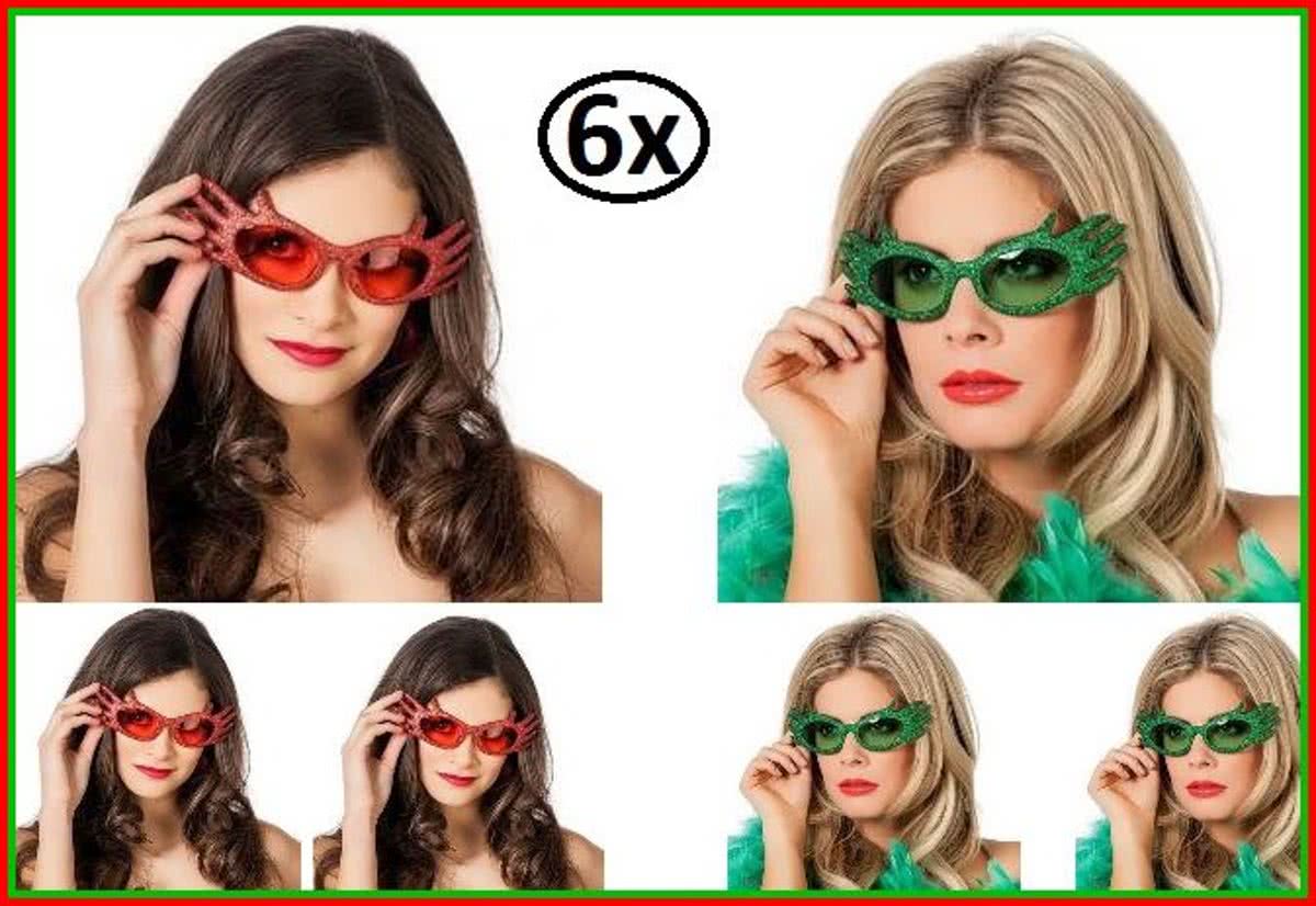 6x Dame edna bril met glitters rood en groen