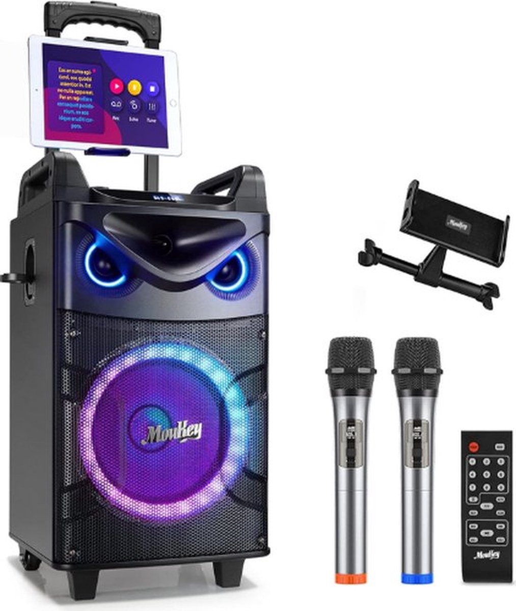 Complete Karaoke Set – Voor Volwassenen – Met 2 Microfoons – Draadloze Microfoons – Bluetooth – Afstandsbediening – 10 Inch Woofer – LED