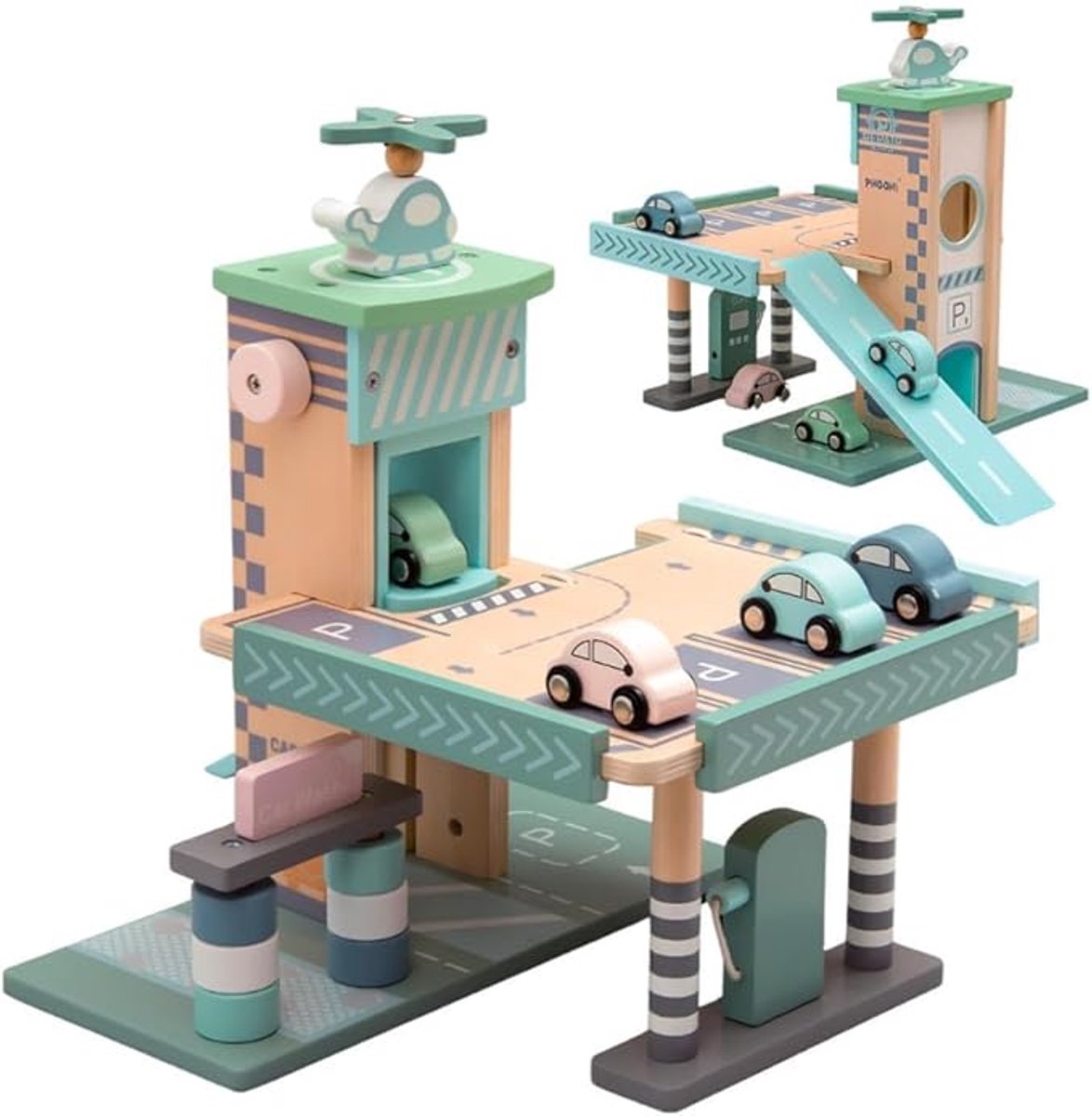 Houten Parkeergarage voor Kinderen – 2 Verdiepingen & Lift – Inclusief Accessoires – Scandinavische Pasteltinten – Duurzaam Beukenhout – Interactief Speelgoed 3+ jaar