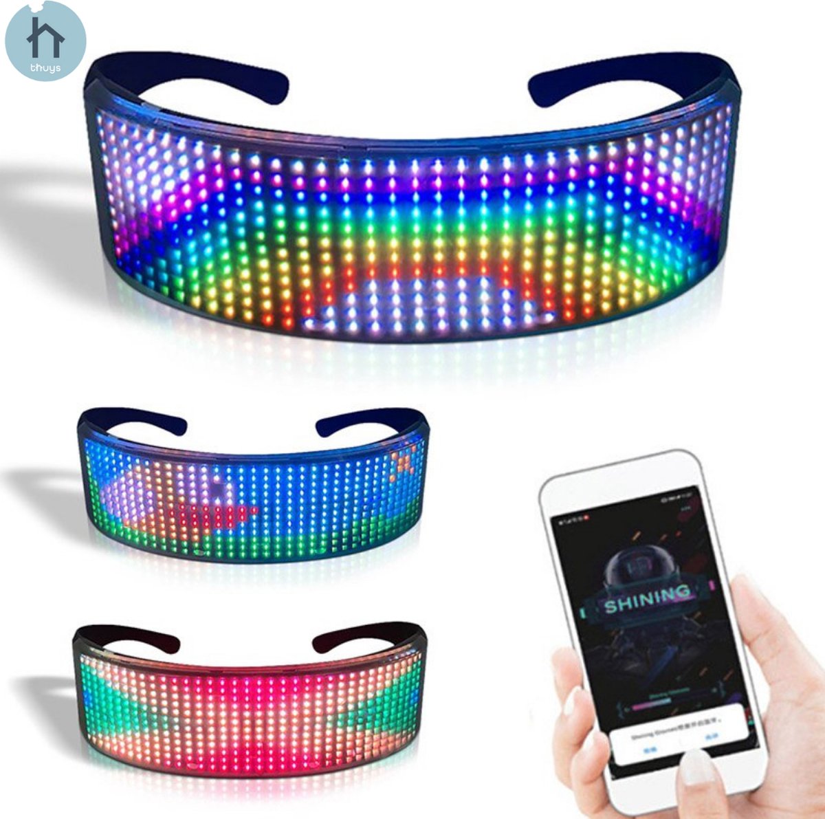 Thuys Festival Bril - Led Bril Programmeerbaar - Rave Bril Bluetooth - Eigen Foto’s - Muziekgevoelig - Halloween - 700 mAh