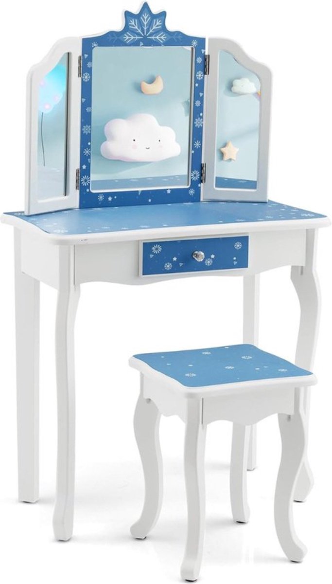   – Kaptafel – Kind – Make Up Tafel – Voor Meisjes – Met Spiegel – Inclusief Kruk – Stijlvol Design – Wit Blauw