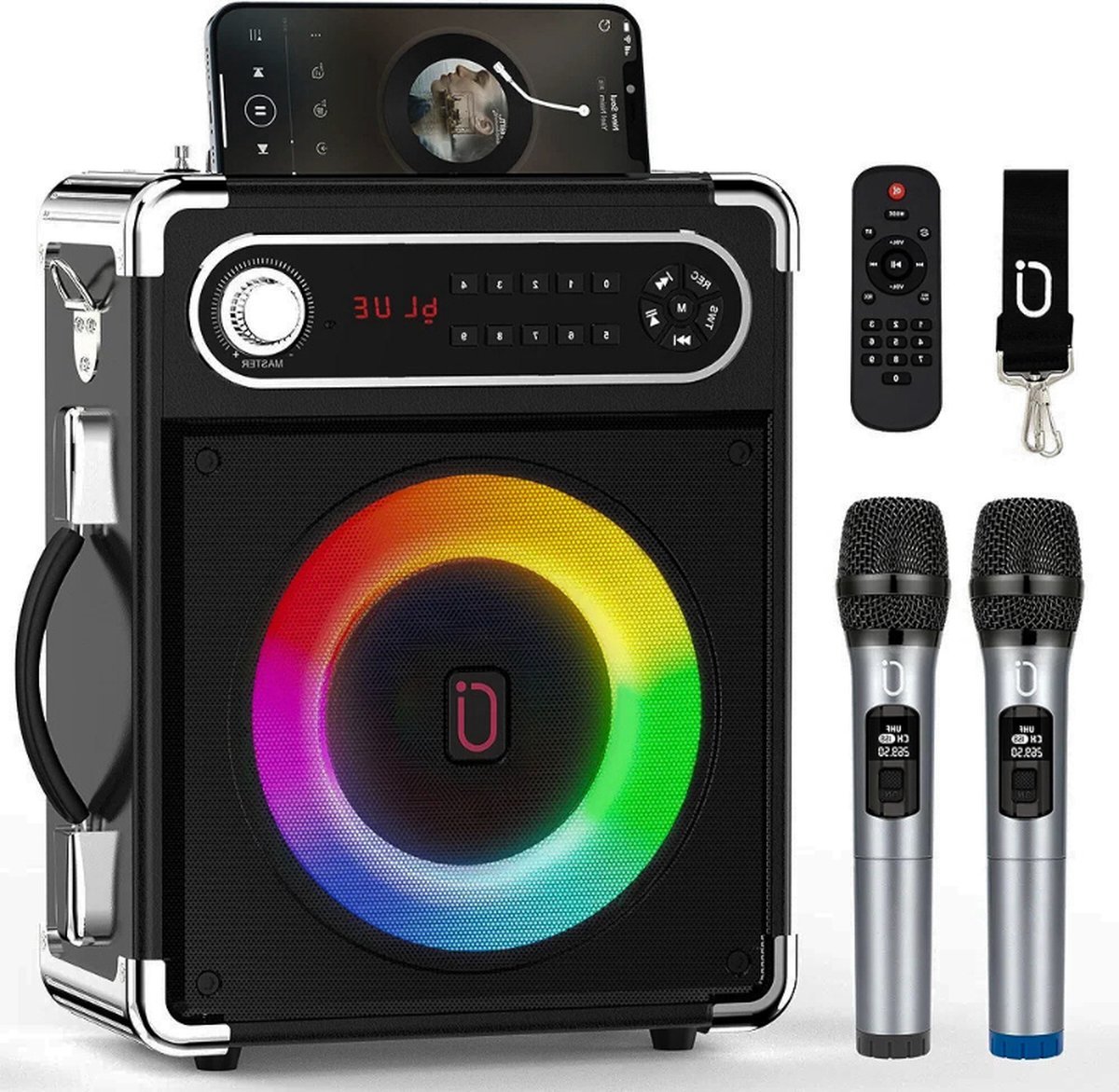   – Karaokemachine – Met Twee Draadloze Microfoons – Draagbare Bluetooth Luidspreker – Zwart