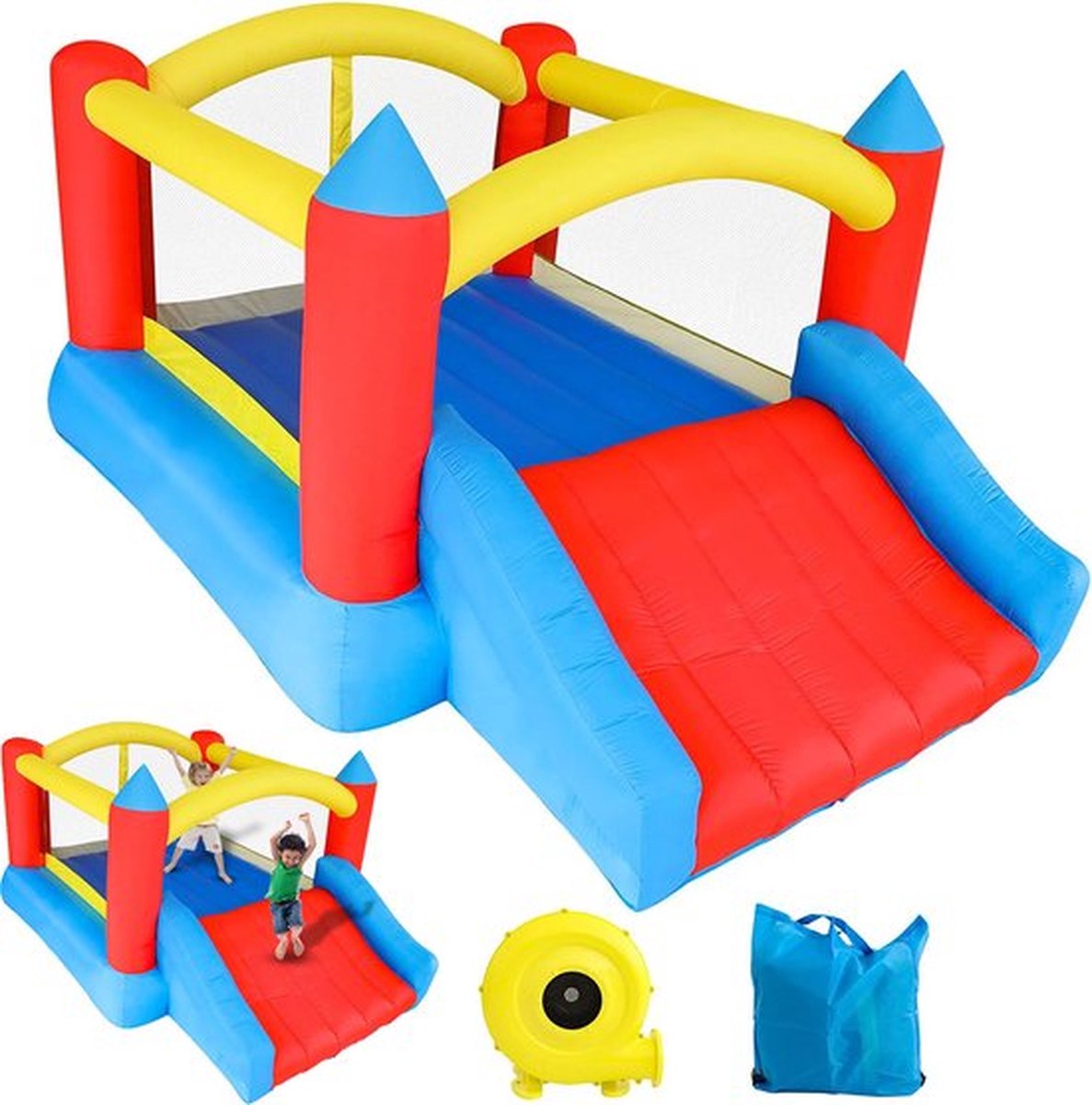   – Springkasteel – Springkussen – Met Glijbaan – Waterpret Speelgoed Buiten – Waterglijbaan Opblaasbaar – Met Blower – Multicolour