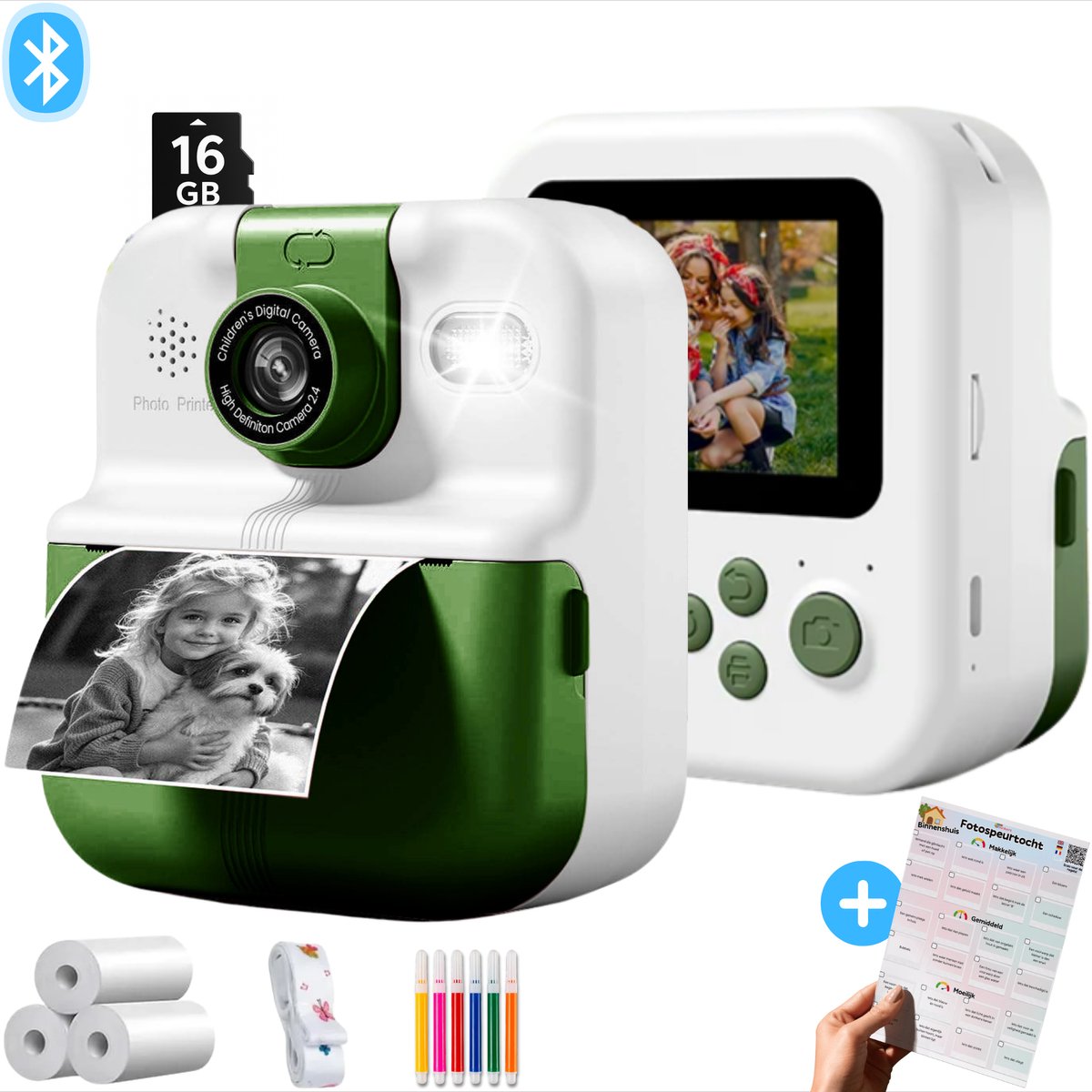 Kindercamera met Fotoprinter & Fotospeurtocht – Digitale Camera Kinderen – 11-in-1 Camera – Oplaadbaar - 48MP - Foto printer - Groen - Fototoestel voor kinderen - Instant Print Camera Kinderen