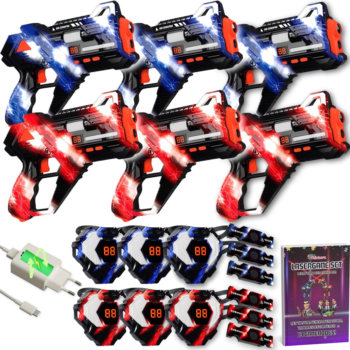 Oplaadbare Lasergame set voor Kinderen + Educatief Boekje - 360° sensoren - Oplaadbaar - 6 Persoons Laser Tag Set met 6 Blasters en Vesten