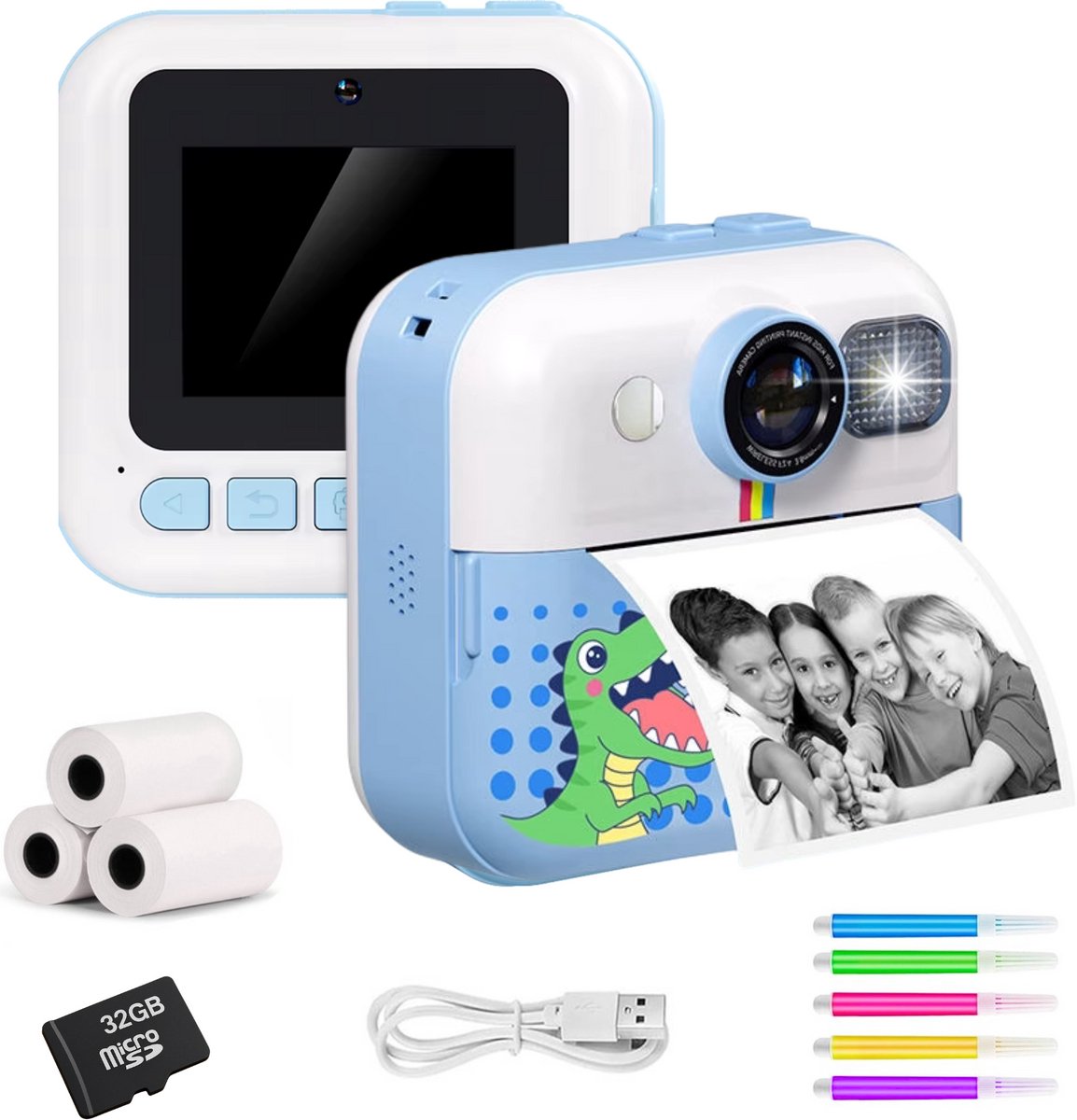   Kindercamera met foto printer - 48MP - Digitale Camera Kinderen - 32GB SD kaart - Full HD Foto en Video - Spelletjes - Fotoprinter - Kinder camera - Digitale kindercamera - Blauw