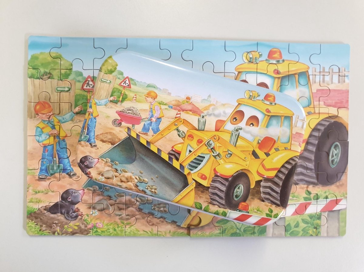 Houten puzzel in blik 60pcs Bulldozer