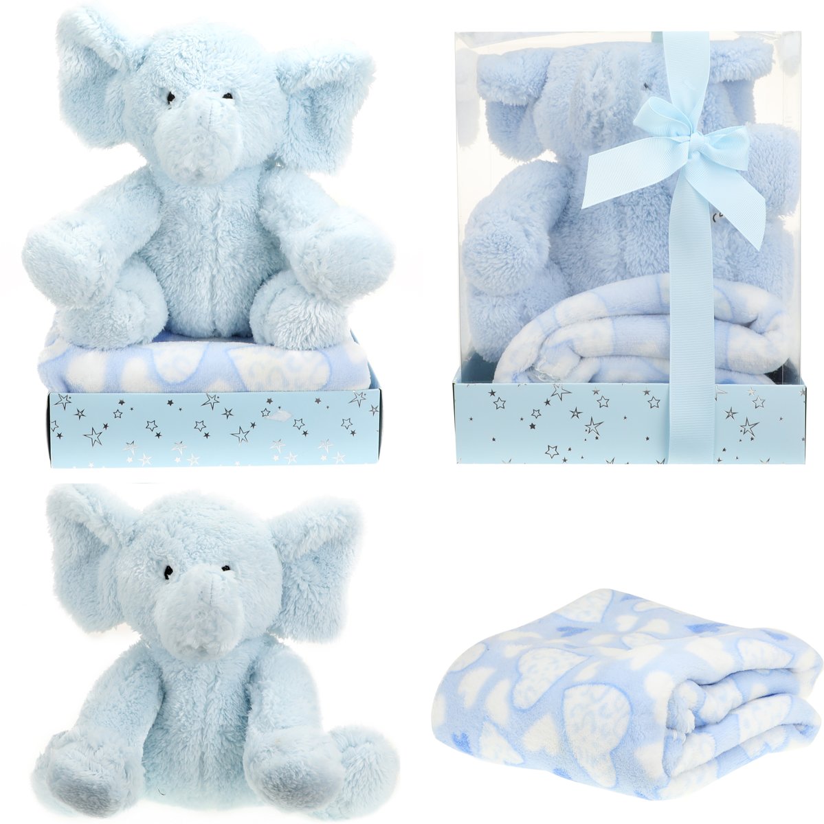 Geboorte olifant blauw + deken in kadobox