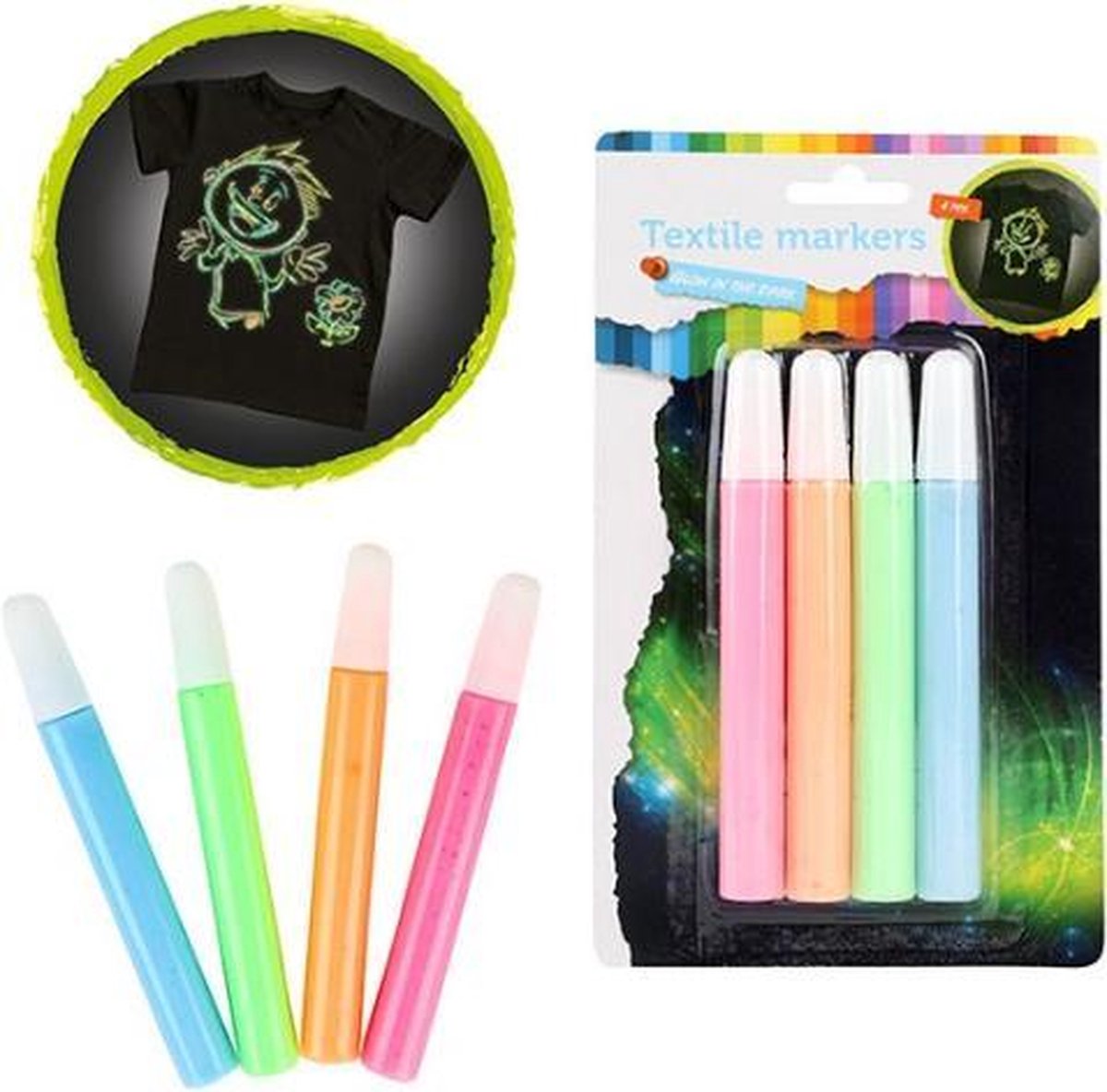 Glow In The Dark Textielstiften - Glow In The Dark Sticks – Textielstiften voor kinderen – Textielverf – Oranje – Blauw – Groen – Roze – Paint Markers – Verfstiften – Stiften Kinderen