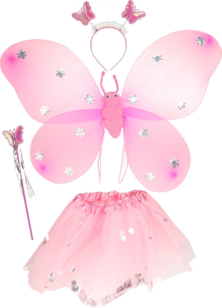 Princess tutu met pompons en roze vleugels, accessoires met zilveren bloemen