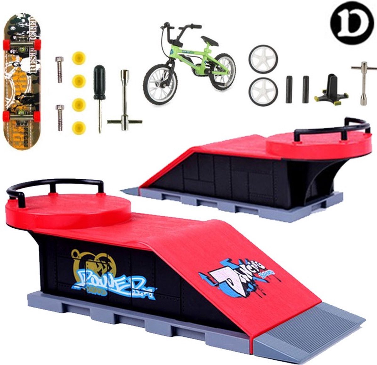 ZenXstore- Skate vinger skateboard met skatebaan set: Fingerboard Skatepark met skateboard, stunt bike, met tools kit volledig pakket in een complete doos vervangbare wielen. Verrassingspakket met verschillende modellen