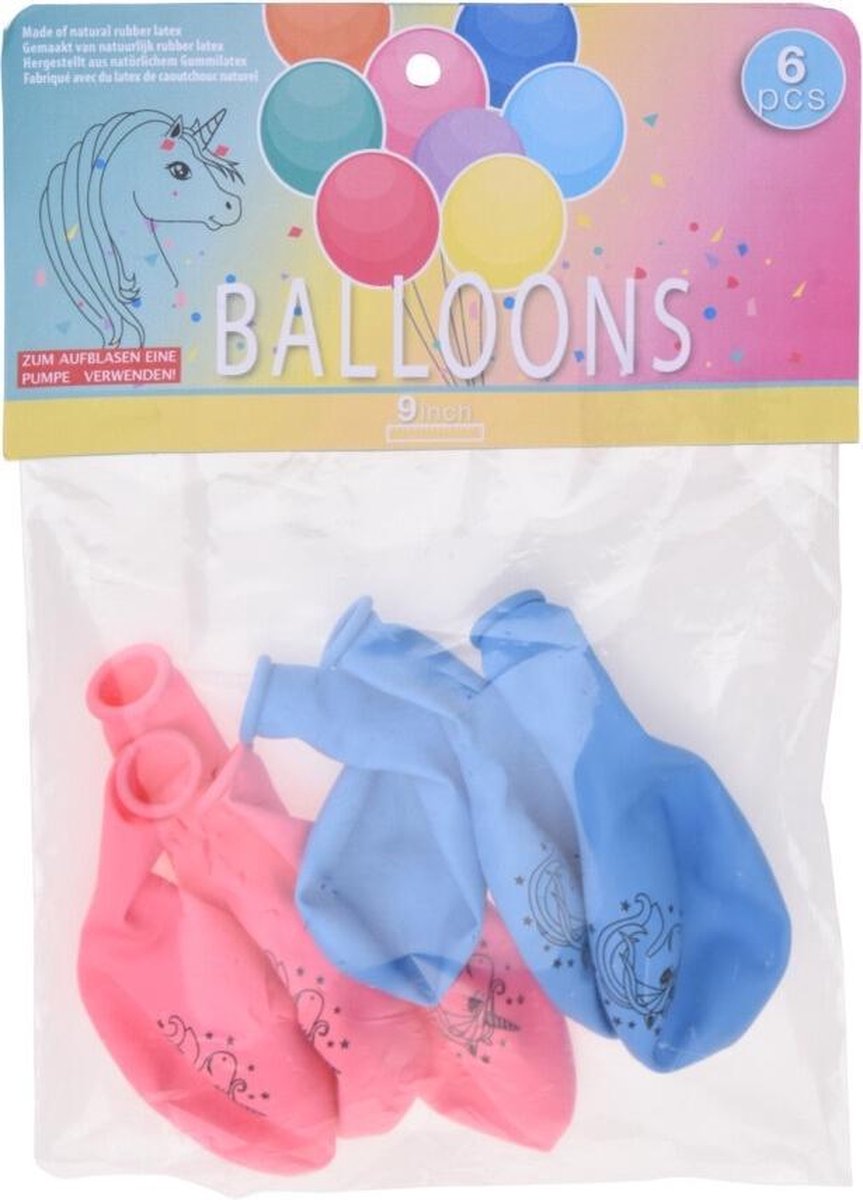 Tom Ballonnen Eenhoorn 23 Cm Latex Roze/blauw 6 Stuks