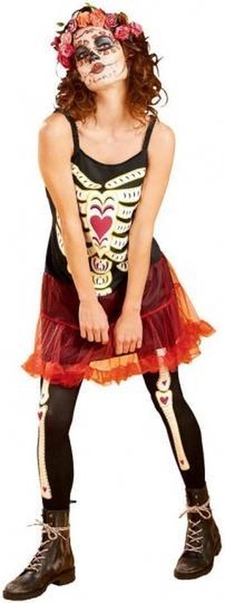 verkleedkostuum Skeleton Princess dames zwart/rood maat L