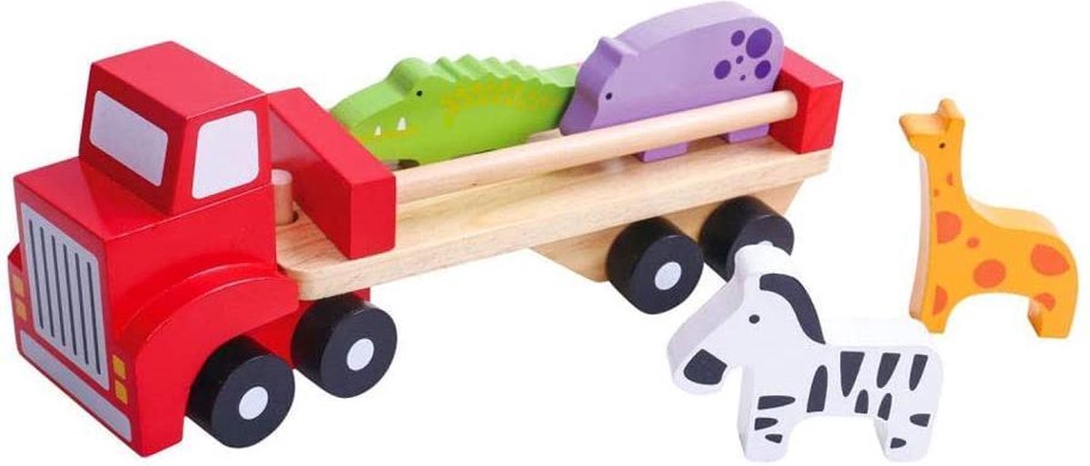 vrachtwagen met dierenfiguren 26,5 cm hout rood 6-delig