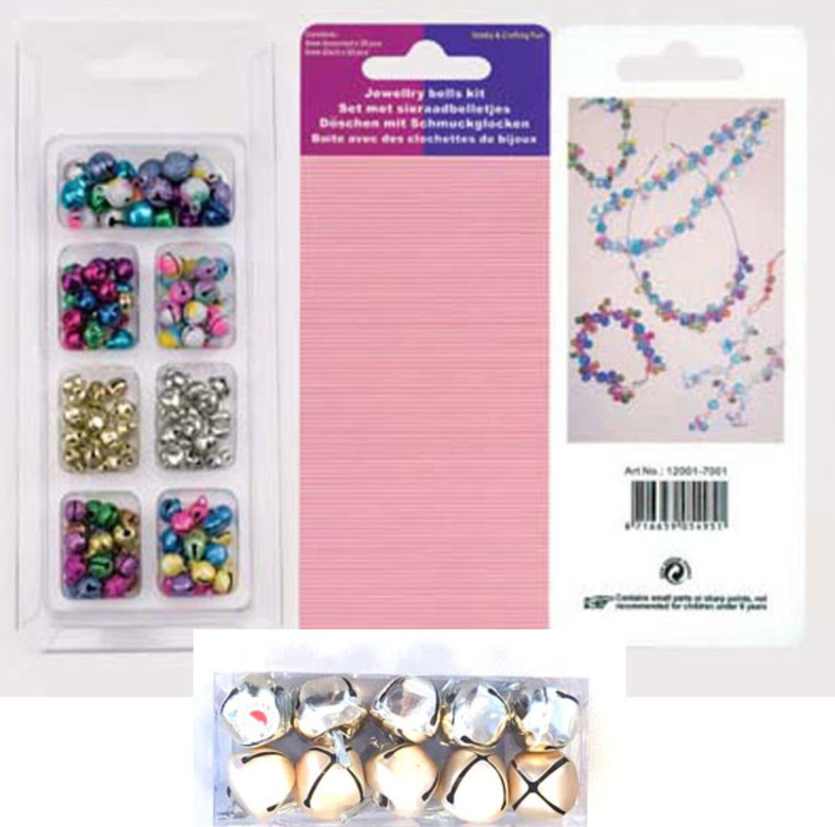 Jewelry bells, 6mm & 8mm, assorted colours + Christmas Bells, Cross  - 3cm - Goud + Draad