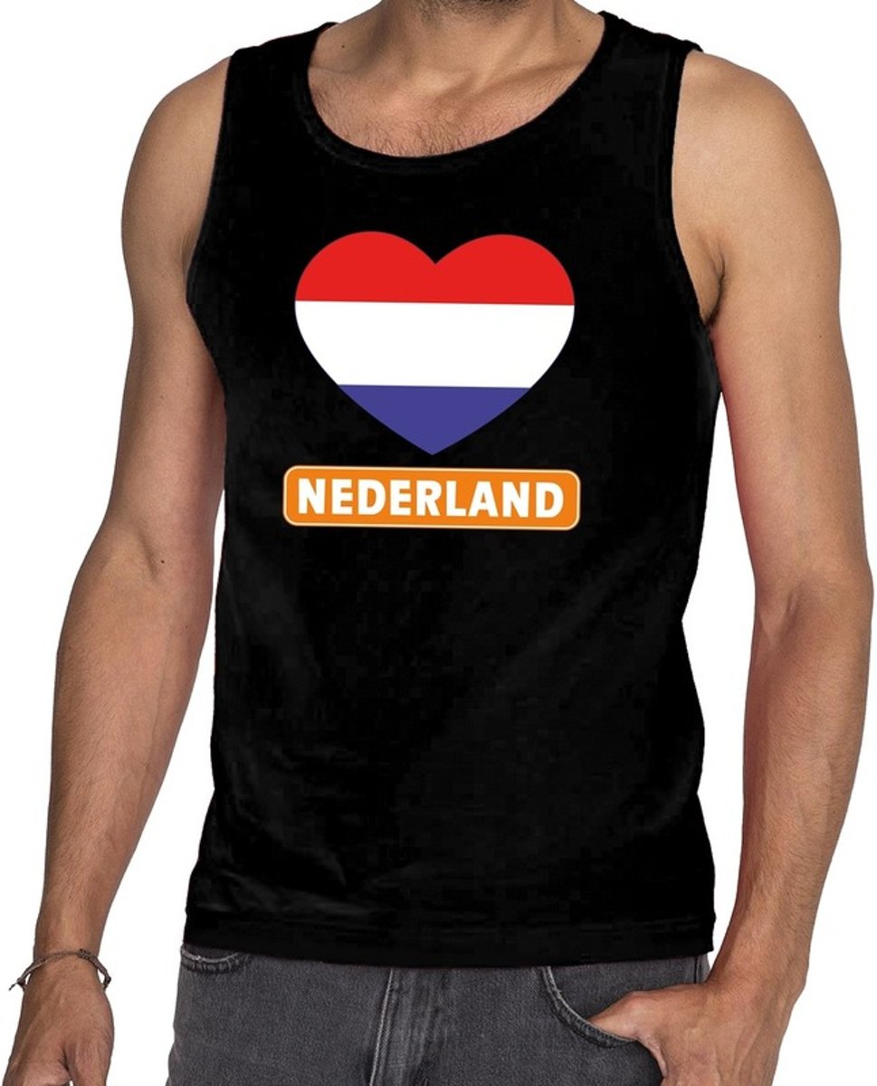 Zwart Nederland hart in vlag singlet/ mouwloos shirt heren -  Koningsdag/voetbal kleding L