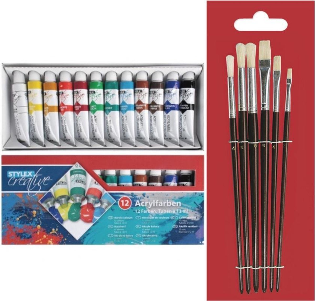 Toppoint set van 12 tubes acrylverf voor kinderen met 6 schilder penselen