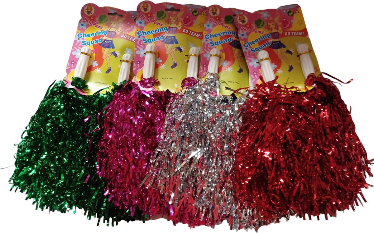 Cheerleader set - pom poms - 4 stuks - Rood - Groen - Rose - Zilver