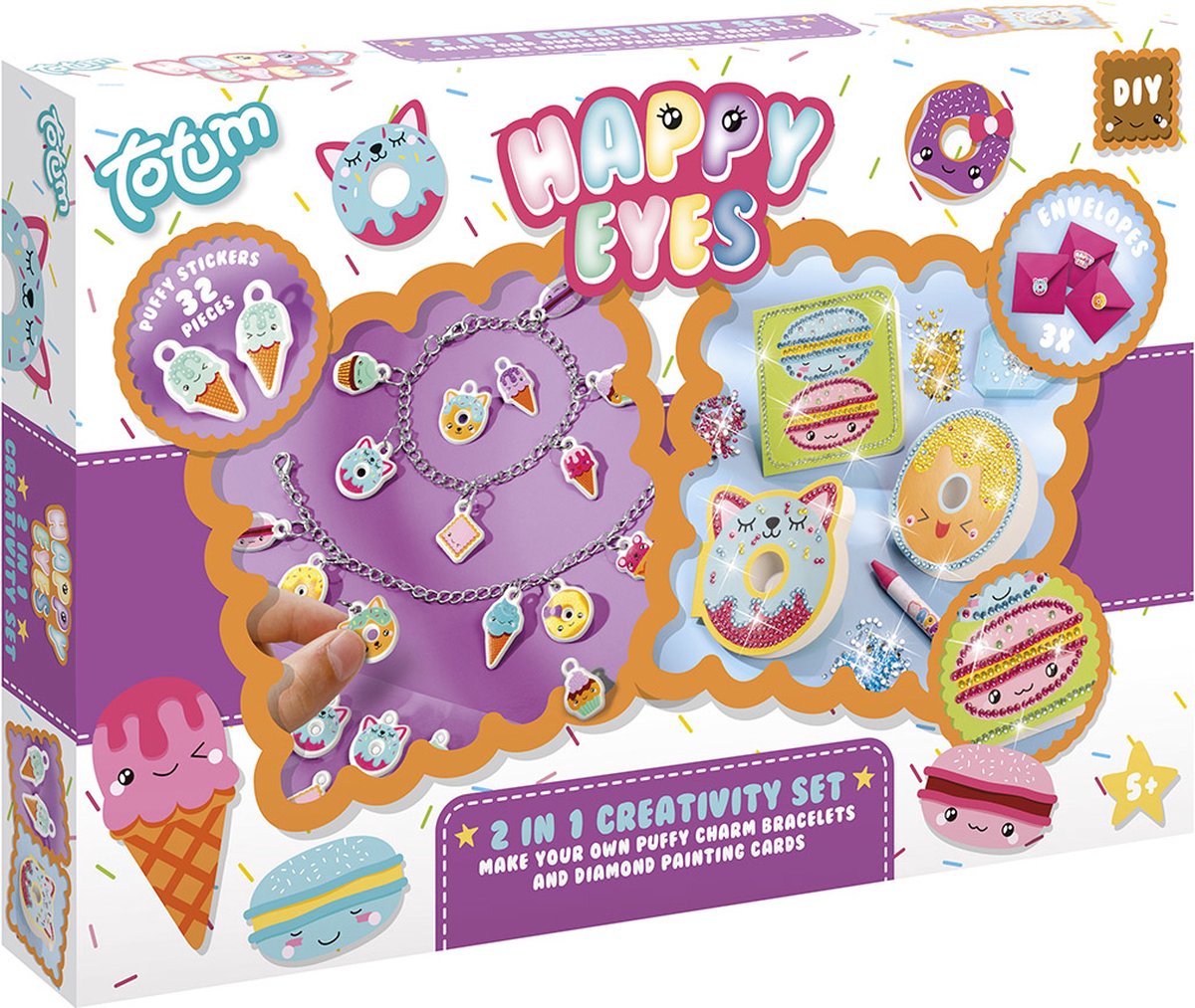 Happy Eyes - Totum 2-in-1 knutselset - 2 activiteiten bedelarmbandjes maken en donut diamond painting kaarten