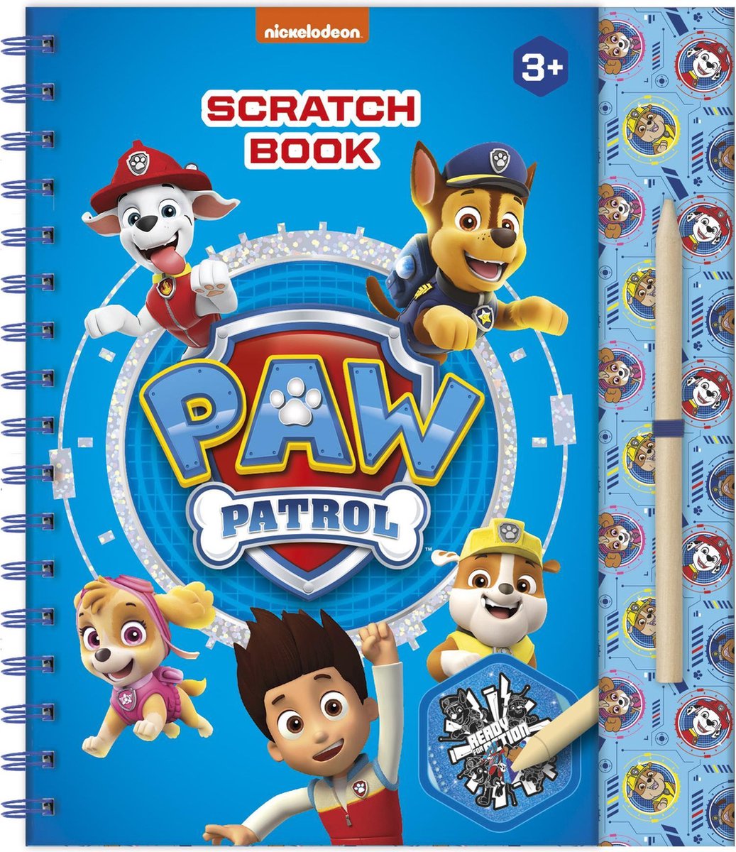 Paw Patrol kraskaarten- en tekenplatenboek incl. sjabloon, stickers, speelachtergrond en kraspen - 21 x 23,5 cm