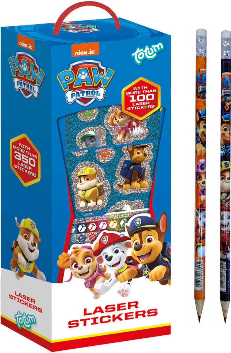 Paw Patrol stickers - meer dan 100 stickers - 2 PAW Patrol potloden - PAW Patrol laser stickers - in doosje met handvat