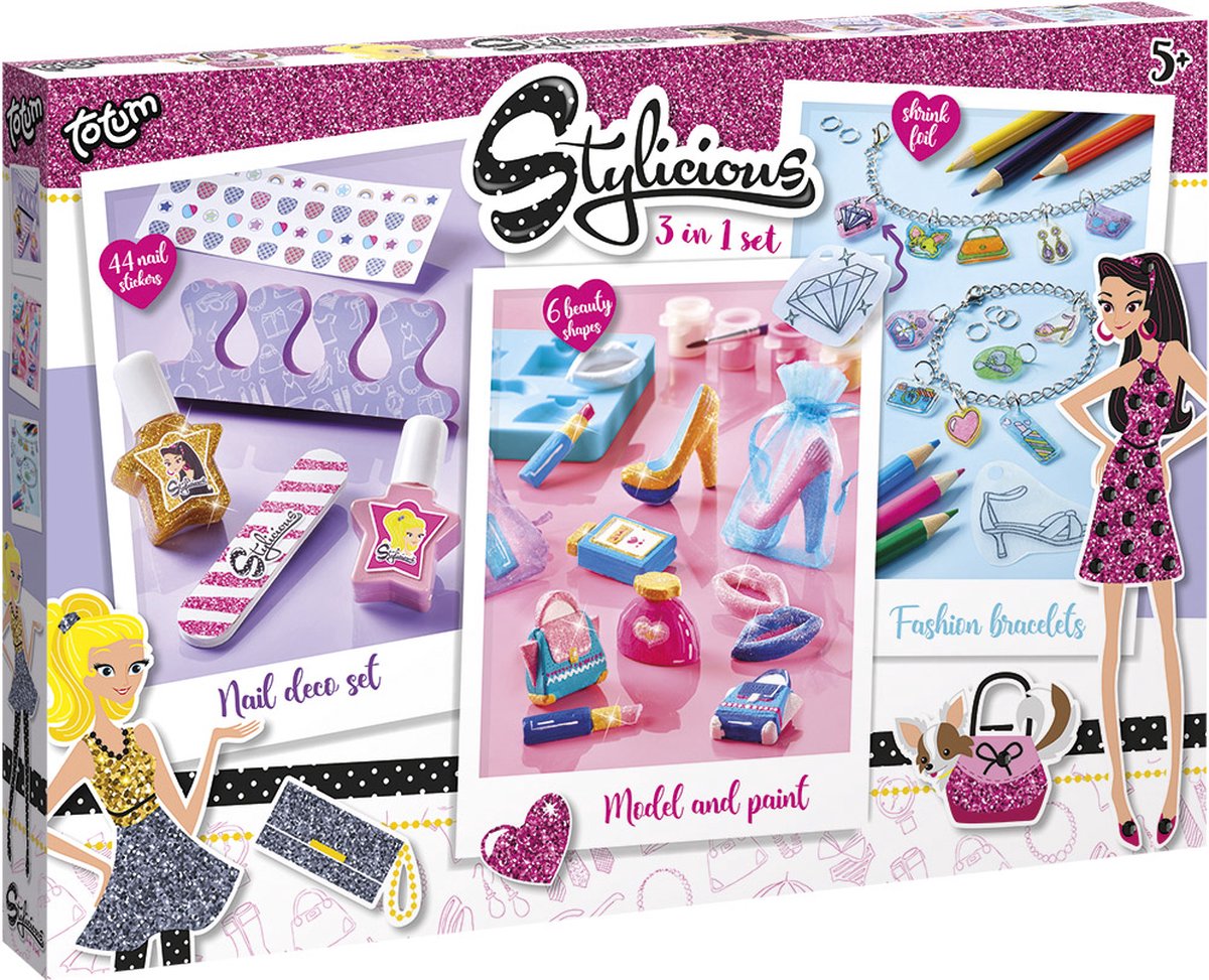 Totum - Stylicious 3 in 1 set knutselen - fashion & beauty - kinder nagellak, armbandjes maken met krimpfolie bedels, mode gips figuren gieten en beschilderen - cadeau tip