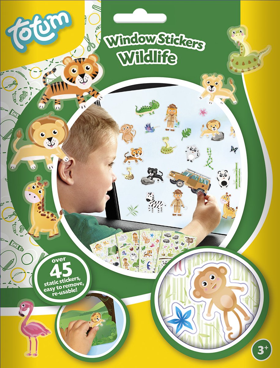 Totum 55 Wildlife raamstickers - jungle en dierentuindieren - statische verplaatsbare stickers - voor thuis en onderweg