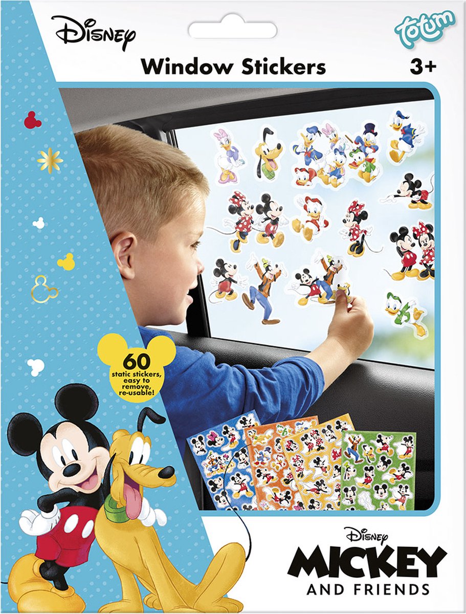 Totum Disney Mickey & Friends raamstickers - 4 vellen en speeldecor - herbruikbaar en verplaatsbaar