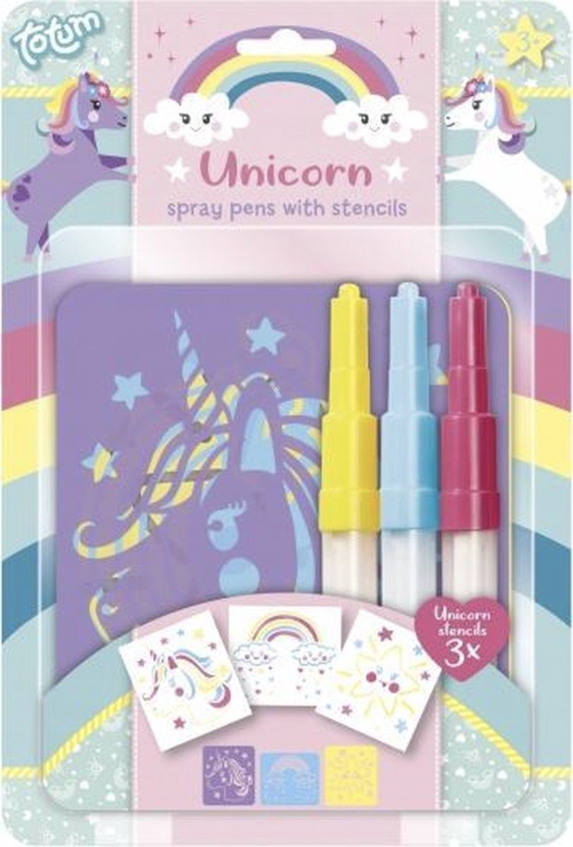 Totum Unicorn Spraypennen - 3 Blaas Pennen - Sjablonen en 3 Kleuren Spraypen - Knutselen met Airbrush effect - Creatief Spelen - DIY Knutselen voor Kids - Kleuren, Tekeken en Schilderen - Kleur: Paars & Roze - Unicorns / Paarden / Ponys / Eenhoorn