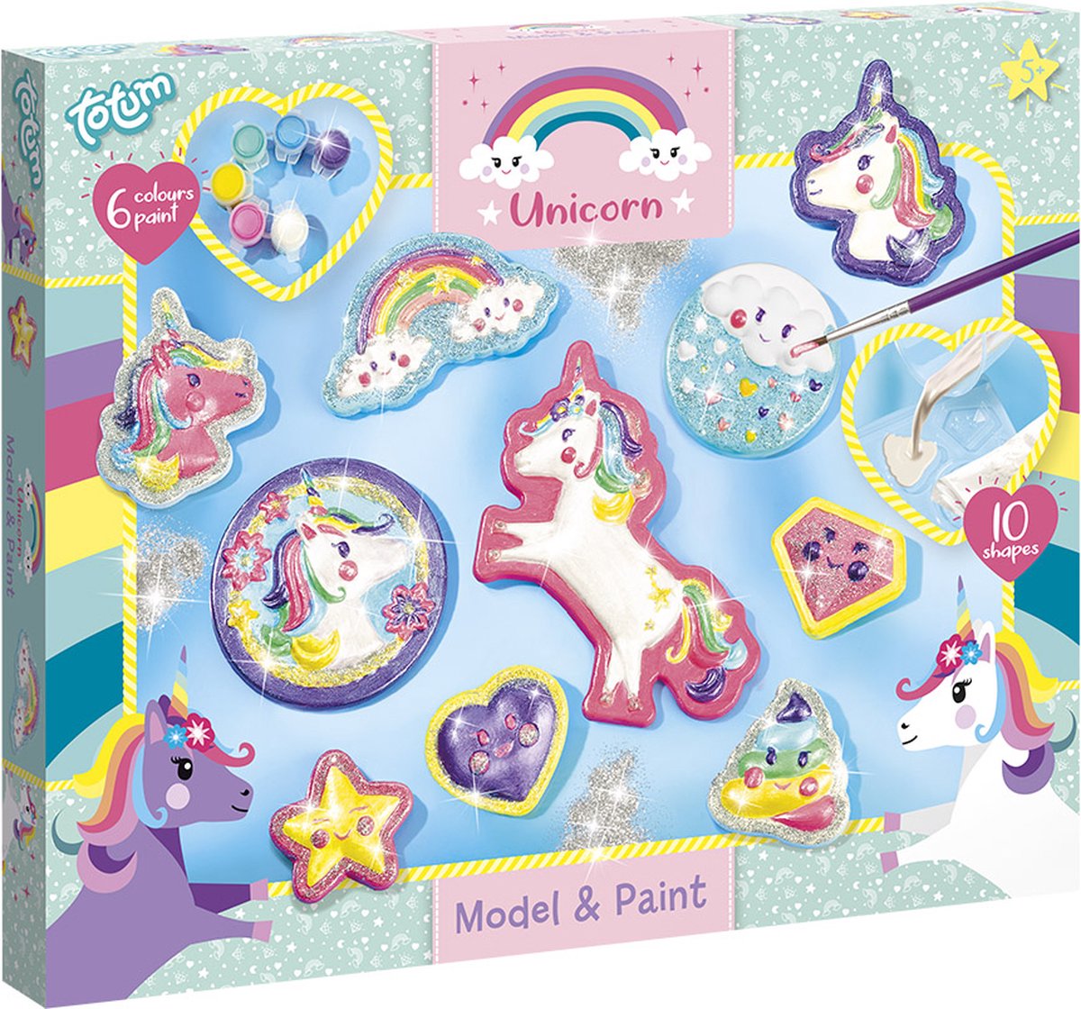 Unicorn glitter gipsgiet- en schilderset - Totum model & paint - 10 figuren maken incl. eenhoorn, regenboog, hartje, diamant & poopsie