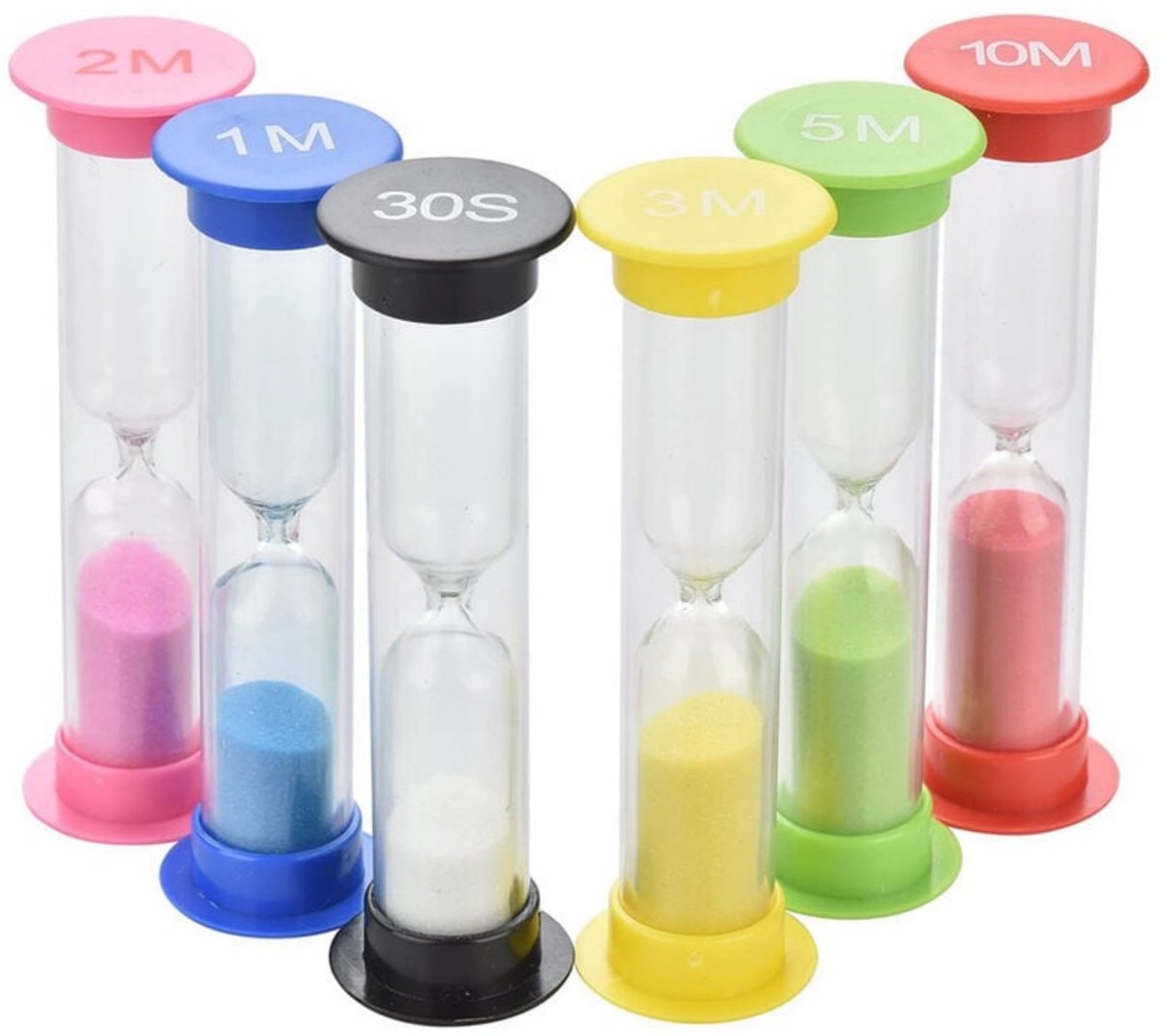 TOVBMUP Mini gekleurde zandloper - 6 kleuren zandloperset - 30 seconden, 1, 2, 3, 5, 10 minuten - timer zandloper - geschikt voor het leven van kinderen, studie, speltiming