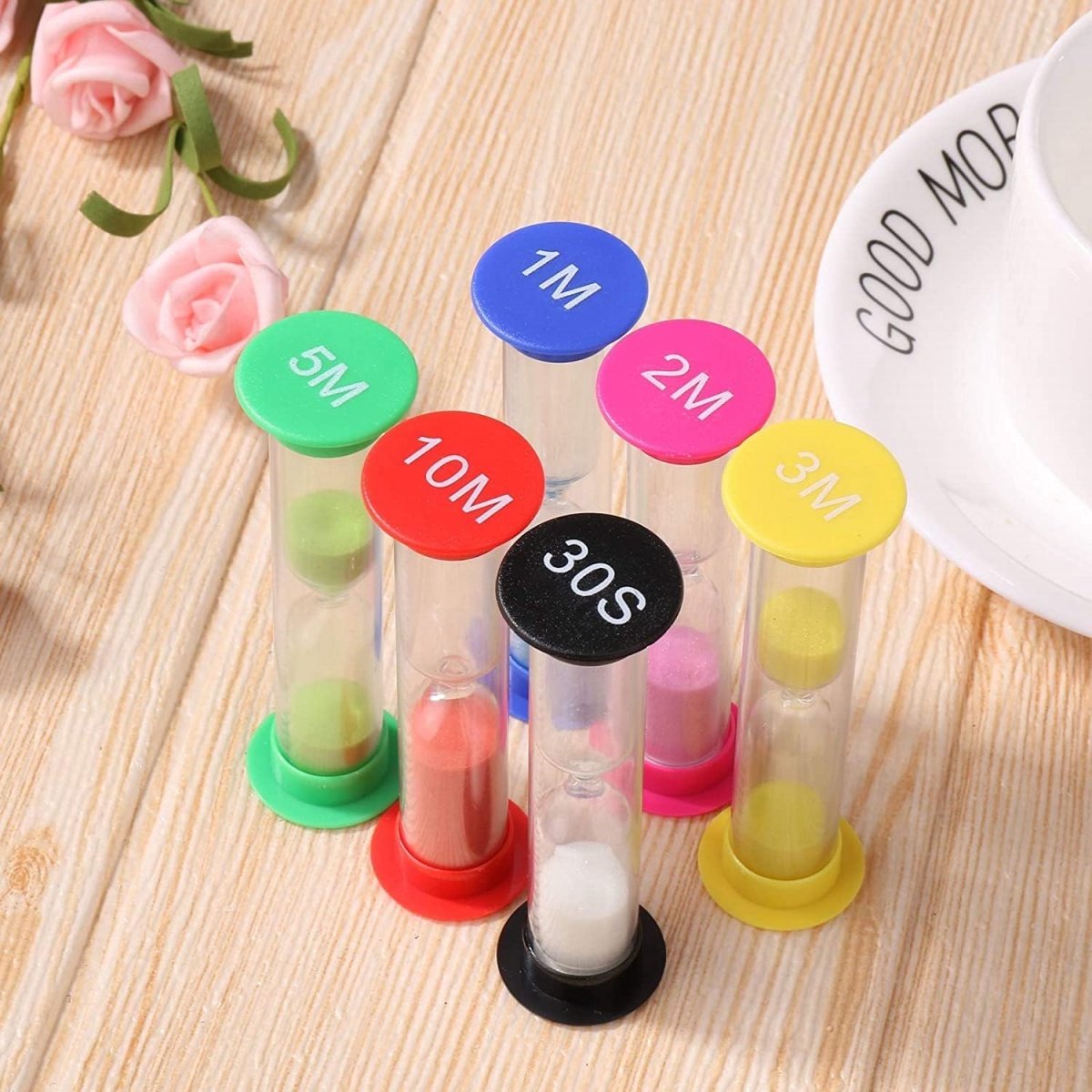    s - 30 seconden, 1 minuut, 2 minuten, 3 minuten, 5 minuten, 10 minuten - Gekleurde zandlopers - Plastic - Timers - 6 stuks