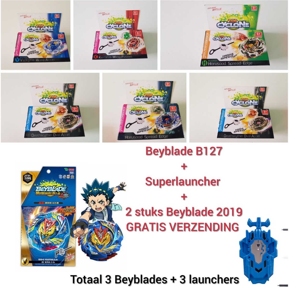 Beyblade SUPER PAKKET Evolution Choz-Z Valkyrie.Z met turbo launcher en 2 TOP CYCLONE BEYBLADES( GRATIS VERZENDING)